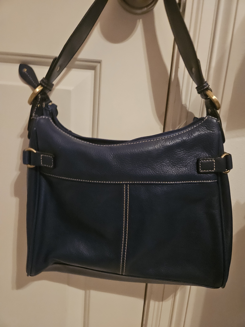 East 5th Navy Leather Shoulder Bag with Brass Accents